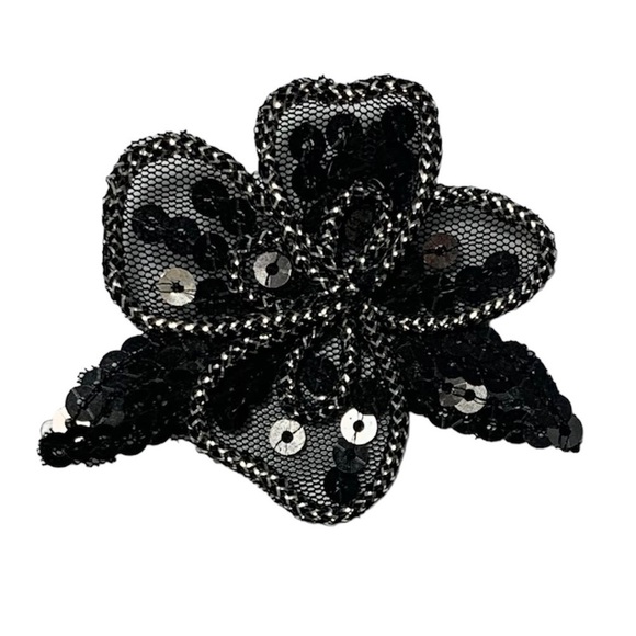 Vintage Black Flower Barrette Applique Mesh Sequins Squeeze Clip - Picture 1 of 3